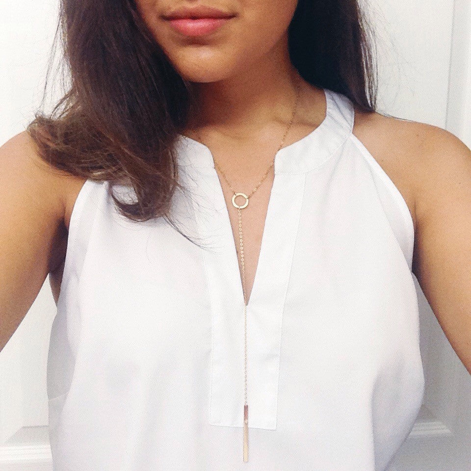 Circle and Bar Long Y Lariat Necklace | Minimalist Layering Jewelry