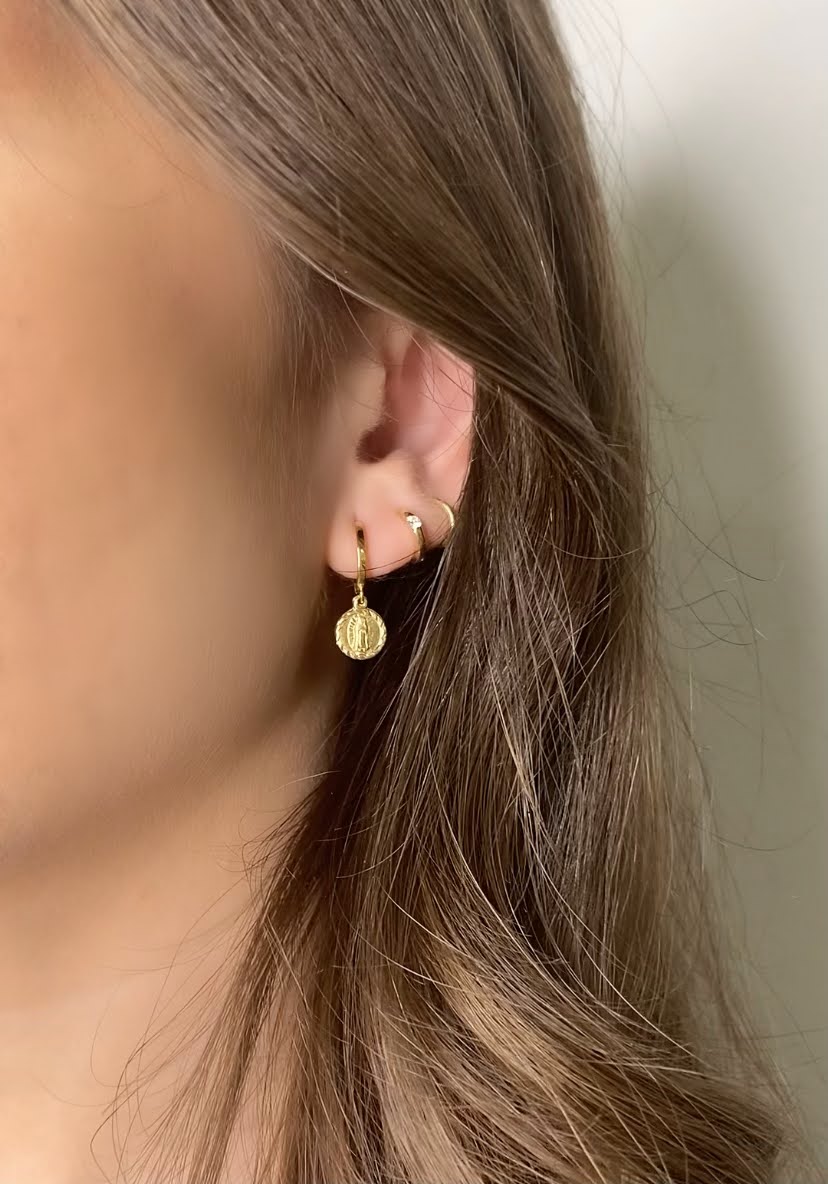 14K Gold Virgin Mary Hoop Earrings | Religious Medallion Jewelry