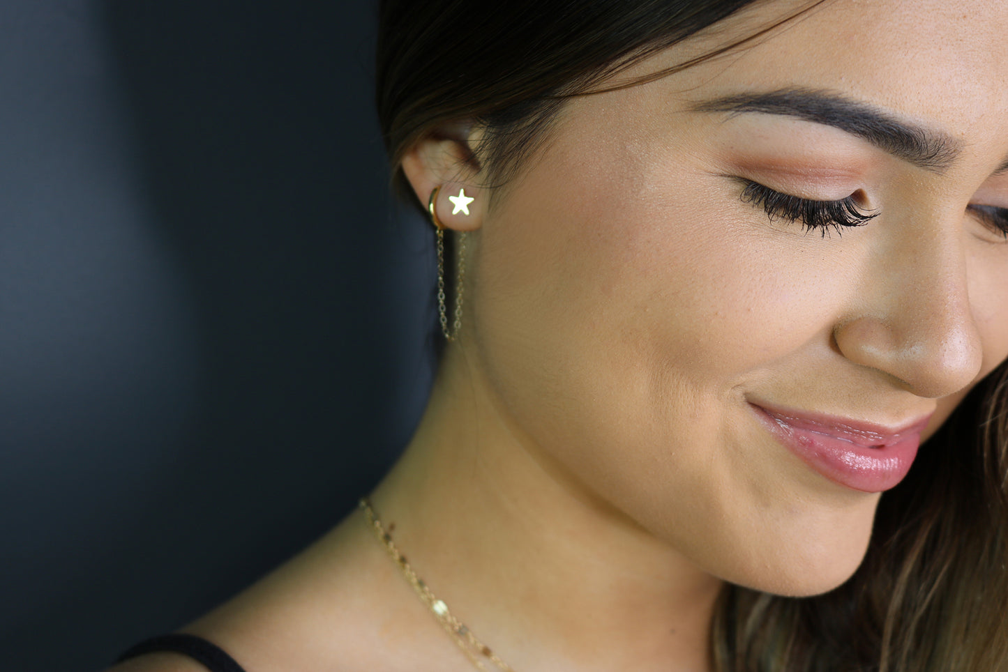 14K Solid Gold Mini Huggie Hoop with Chain | Connector Earring for Ear Stack