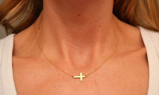 14K Gold Tiny Sideways Cross Necklace