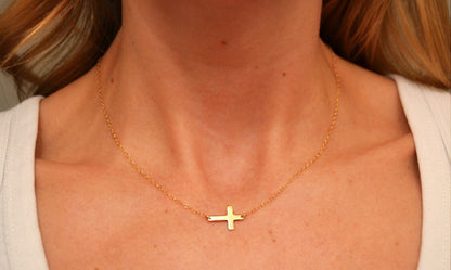 14K Gold Tiny Sideways Cross Necklace