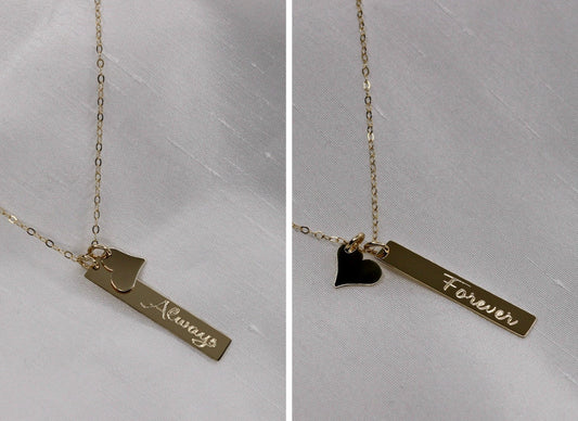 Engraved Vertical Bar Necklace with Heart Charm | Solid 14K Gold | Personalized Fine Jewelry Gift