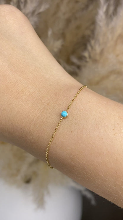 14K Dainty Turquoise Bezel Set Solitaire Bracelet | Fine Jewelry Layering Bracelet