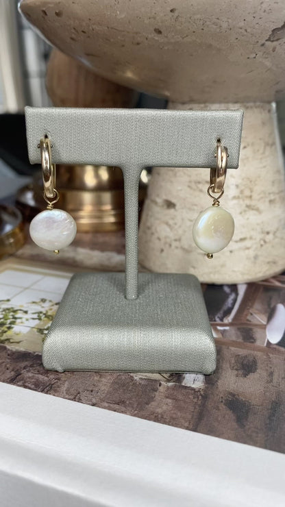 Coin Pearl Hoop Earrings | 14K Gold Filled or Sterling Silver | Dainty Pearl Hoops
