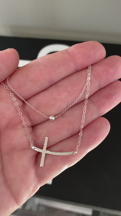Hammered Curved Sideways Cross Necklace Set | Set of 2 Layered Necklaces