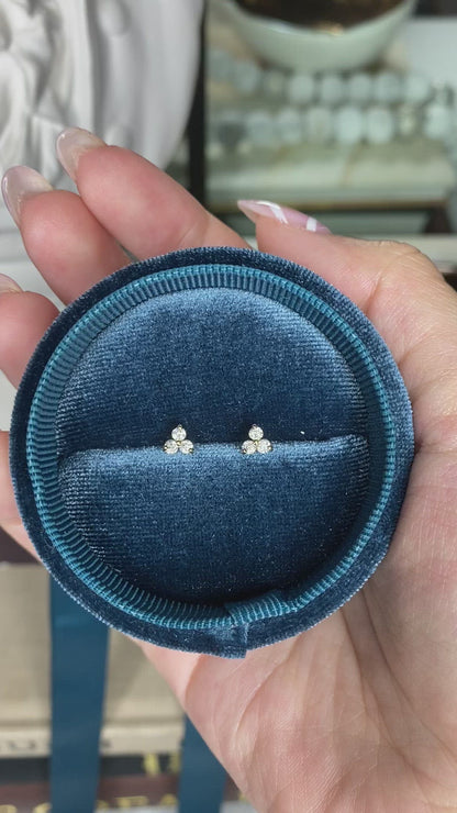 14K 3 CZ Stone Cluster Stud Earrings | Dainty Gold Sparkle Studs
