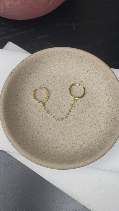 14K Double Piercing Hoops with Chain | Connected Hoop Earrings