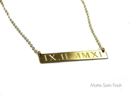 Engraved Roman Numeral Date Bar Necklace | Personalized Gold, Rose Gold & Silver Necklace