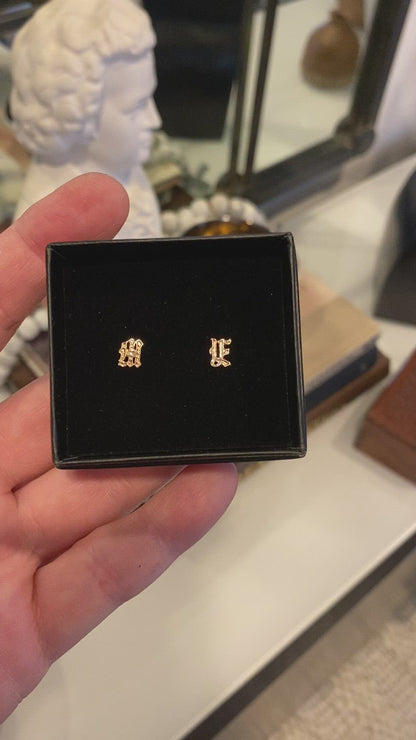 14K Gold Old English Stud Earrings | Solid Gold Letter Earrings | Personalized Alphabet Jewelry