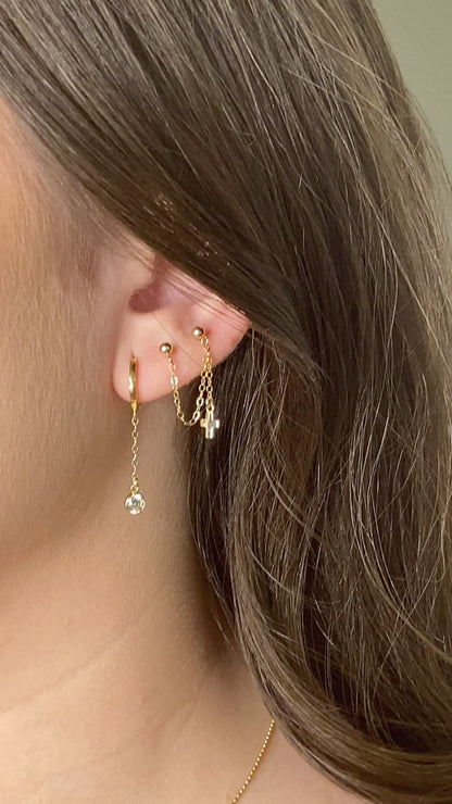 14K Yellow Gold Cross Earring | Handcuff Style | Double Piercing Chain Earrings