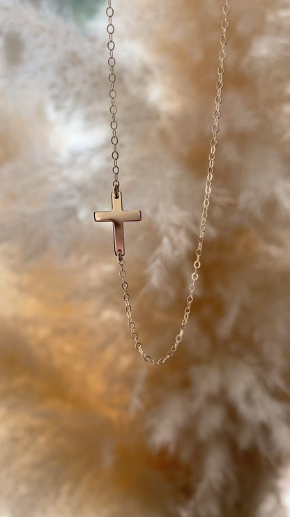 14K Gold Tiny Sideways Cross Necklace