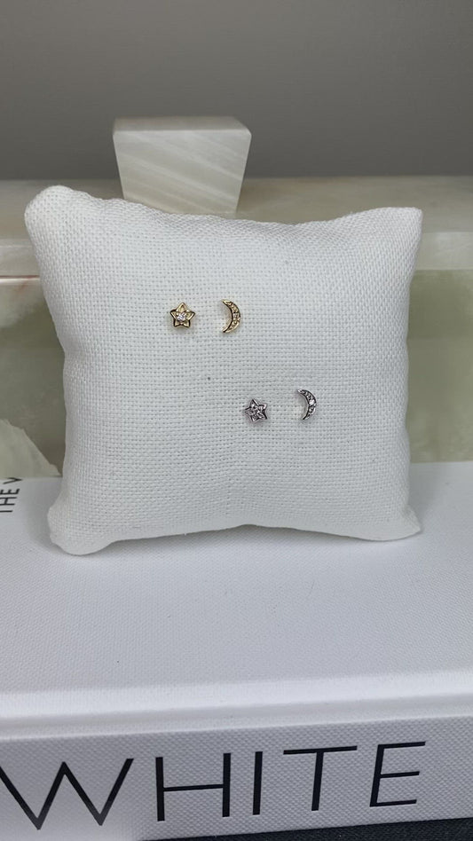 Moon & Star CZ Stud Earrings | Celestial Gold & Silver Studs