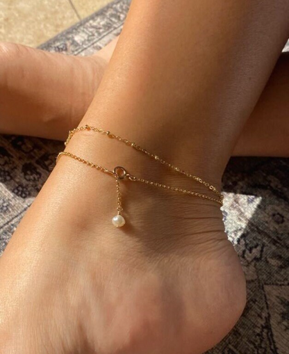 Dangling Pearl Anklet | Dainty Rolo Chain Anklet with Pearl Drop