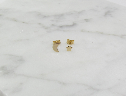 14K Solid Gold Moon & Star Studs | Mismatched Celestial Jewelry