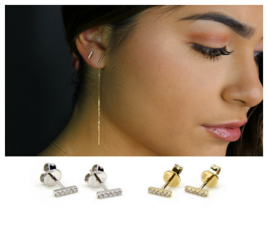 14K Gold Diamond Bar Stud Earrings | Single or Pair