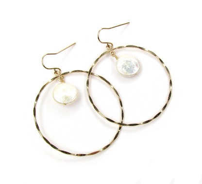 Hammered Circle Earrings with Coin Pearl | Dangle Earrings | Gold Filled