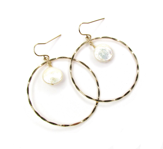 Hammered Circle Earrings with Coin Pearl | Dangle Earrings | Gold Filled