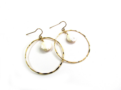 Hammered Circle Earrings with Coin Pearl | Dangle Earrings | Gold Filled
