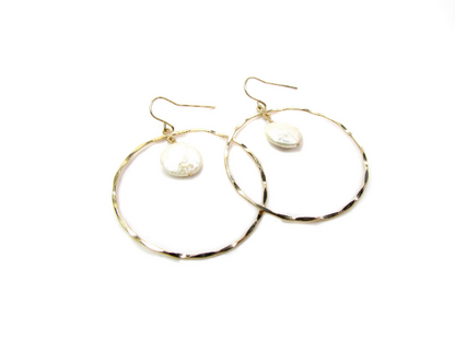 Hammered Circle Earrings with Coin Pearl | Dangle Earrings | Gold Filled