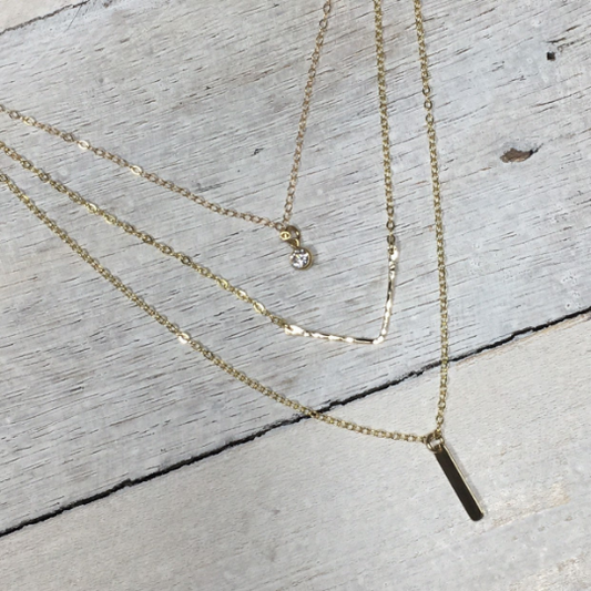 Layered Necklace Set | CZ Pendant, Hammered Chevron & Tiny Bar Necklace
