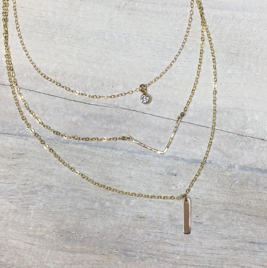 Layered Necklace Set | CZ Pendant, Hammered Chevron & Tiny Bar Necklace