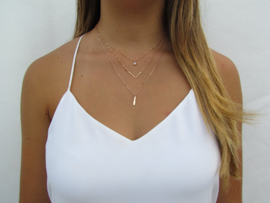 Layered Necklace Set | CZ Pendant, Hammered Chevron & Tiny Bar Necklace