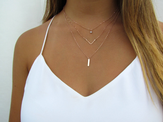 Set of 3 Layering Necklaces • CZ, Hammered Chevron, Tiny Bar