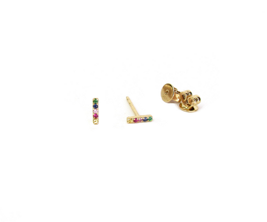 14K Gold Rainbow Sapphire Bar Stud Earrings | Multi-Color Gemstone Studs