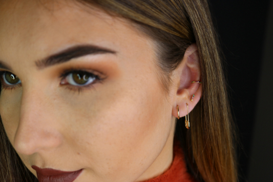 14K Gold Rainbow Sapphire Bar Stud Earrings | Multi-Color Gemstone Studs