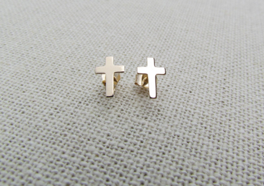 14K Solid Gold Cross Earrings | Small Studs | Faith Jewelry