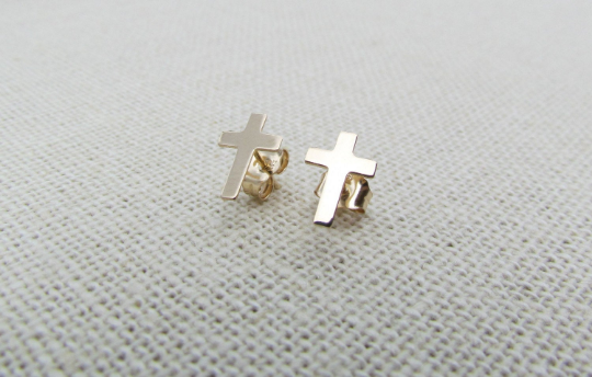 14K Solid Gold Cross Earrings | Small Studs | Faith Jewelry