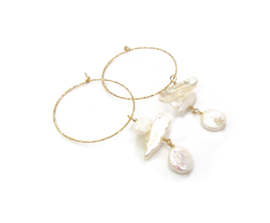 Biwa & Coin Pearl Drop Hoop Earrings | Skinny Freshwater Pearl Sparkle Hoops