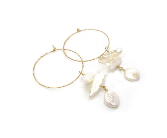 Biwa & Coin Pearl Drop Hoop Earrings | Skinny Freshwater Pearl Sparkle Hoops
