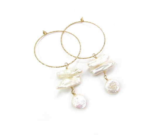 Biwa & Coin Pearl Drop Hoop Earrings | Skinny Freshwater Pearl Sparkle Hoops