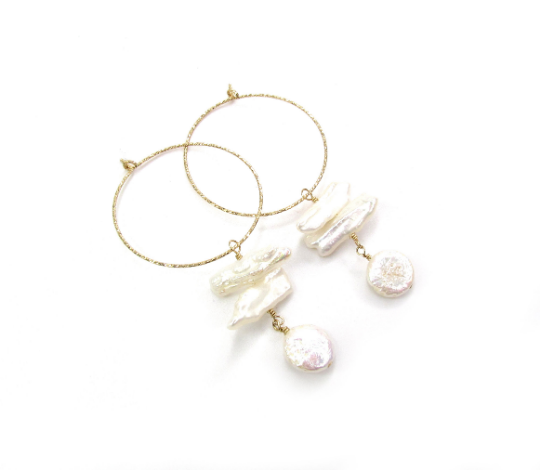 Biwa & Coin Pearl Drop Hoop Earrings | Skinny Freshwater Pearl Sparkle Hoops