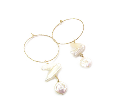 Biwa & Coin Pearl Drop Hoop Earrings | Skinny Freshwater Pearl Sparkle Hoops