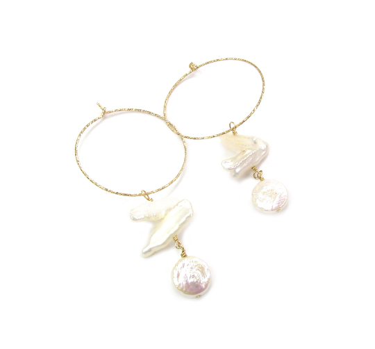 Biwa & Coin Pearl Drop Hoop Earrings | Skinny Freshwater Pearl Sparkle Hoops