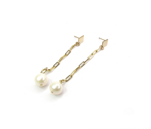 Freshwater Pearl Drop Chain Earrings | Paperclip Chain Dangle