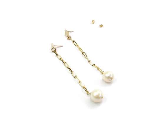 Freshwater Pearl Drop Chain Earrings | Paperclip Chain Dangle