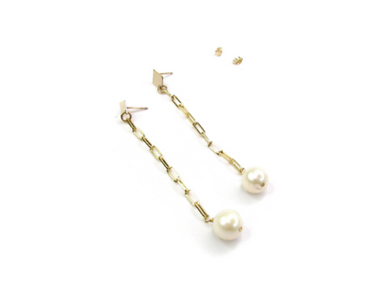 Freshwater Pearl Drop Chain Earrings | Paperclip Chain Dangle