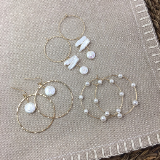 Biwa & Coin Pearl Drop Hoop Earrings | Skinny Freshwater Pearl Sparkle Hoops