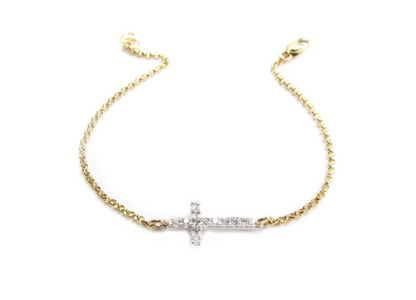 CZ Sideways Cross Bracelet | Sterling Silver & Gold Filled Rolo Chain