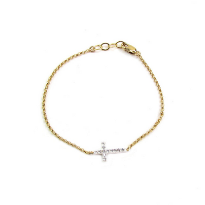 CZ Sideways Cross Bracelet | Sterling Silver & Gold Filled Rolo Chain