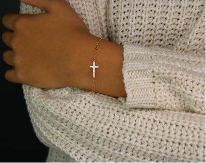 CZ Sideways Cross Bracelet | Sterling Silver & Gold Filled Rolo Chain
