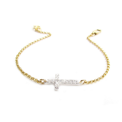 CZ Sideways Cross Bracelet | Sterling Silver & Gold Filled Rolo Chain