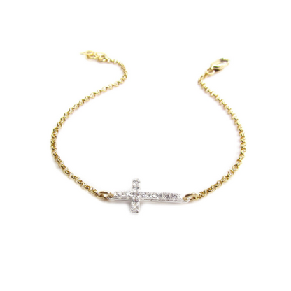 CZ Sideways Cross Bracelet | Sterling Silver & Gold Filled Rolo Chain