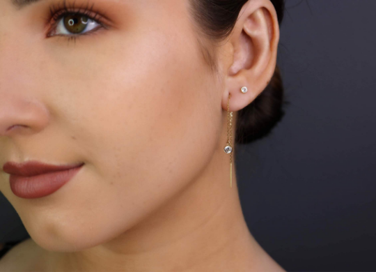 14K CZ Threader Earrings | Dainty Gold Drop Ear Strings