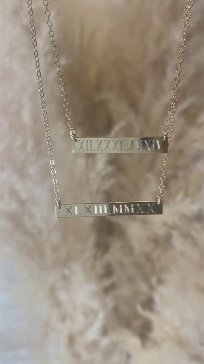 Engraved Roman Numeral Date Bar Necklace | Personalized Gold, Rose Gold & Silver Necklace
