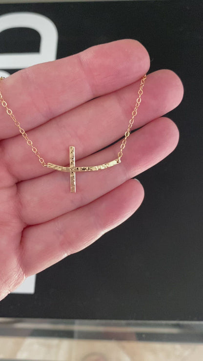 Hammered Curved Sideways Cross Necklace | Minimalist Jewelry