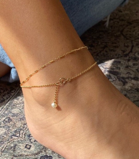 Dangling Pearl Anklet | Dainty Rolo Chain Anklet with Pearl Drop
